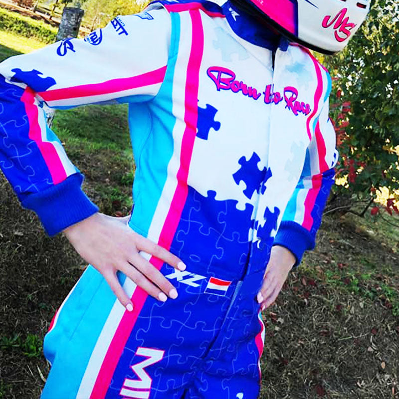 This kart suit is made of abrasion resistant material. Designed to keep you safe and comfortable behind the wheel. Customisation options available.